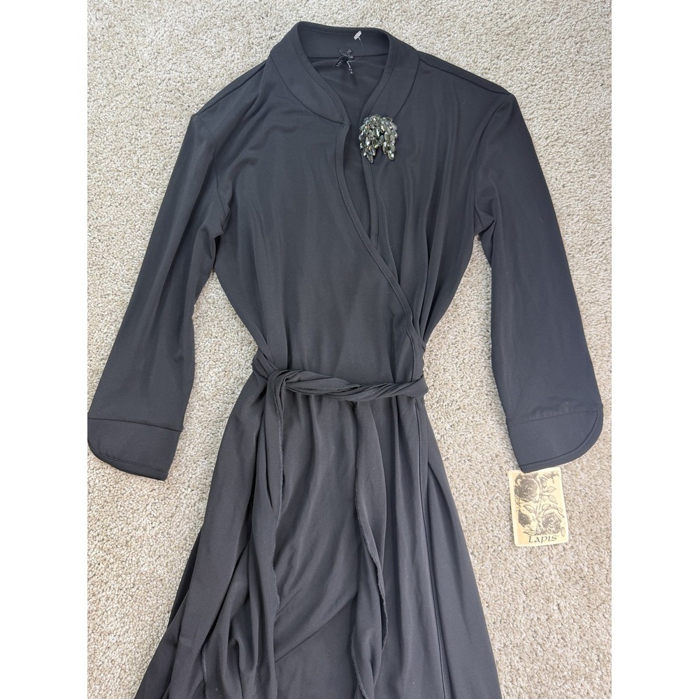 Lapis Dress Womens S Black Long Sleeve V-Neck Wrap Maxi Rhinestone Belted